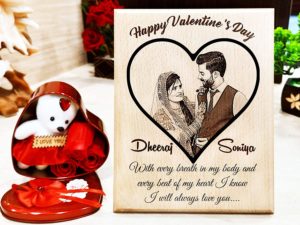 Valentine Gift Combo of Engraved Photo Frame and Heart Shape Box with Red Rose Flowers and Teddy for Special Couple