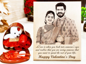 Valentine Unique Gift Combo of Custom Photo Frame and Teddy Box for Married Couple