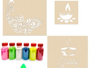 Peacock Happy Diwali Diya Rangoli Stencils for Floor (Set of 3 Stencil, 6 Colors Bottles, 1 Nozzle)
